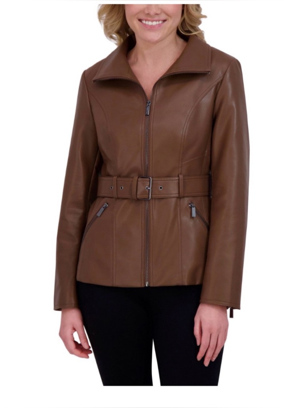 Kenneth Cole Brown Faux Leather Belted Jacket